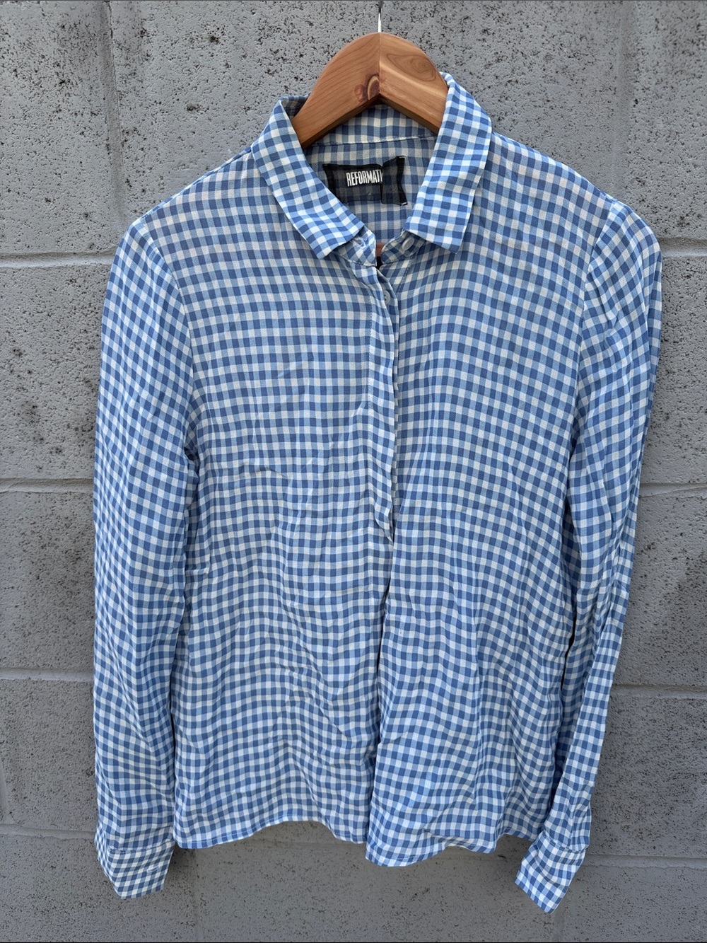 Reformation Blue and white gingham checked button top Small